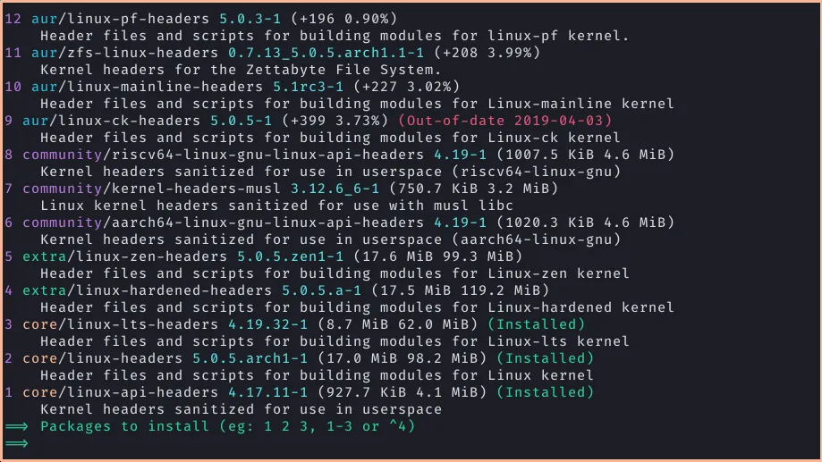 Terminal screenshot of yay installing packages.